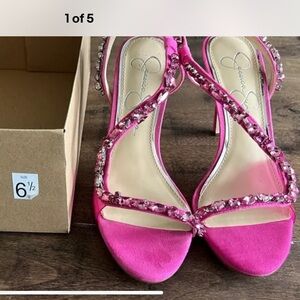 6.5 Jessica Simpson Calypso Pink Strappy Heels Embellished Rhinestones EUC